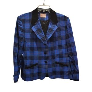 Vintage Pendleton Women's Blue Plaid Blazer Sz 14 Petite 100% Virgin Wool Velvet